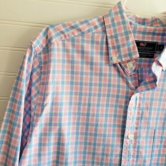 Vineyard Vines Tucker Shirt Mens Small Blue Pink Check Classic Fit Cotton Preppy - Picture 3 of 12